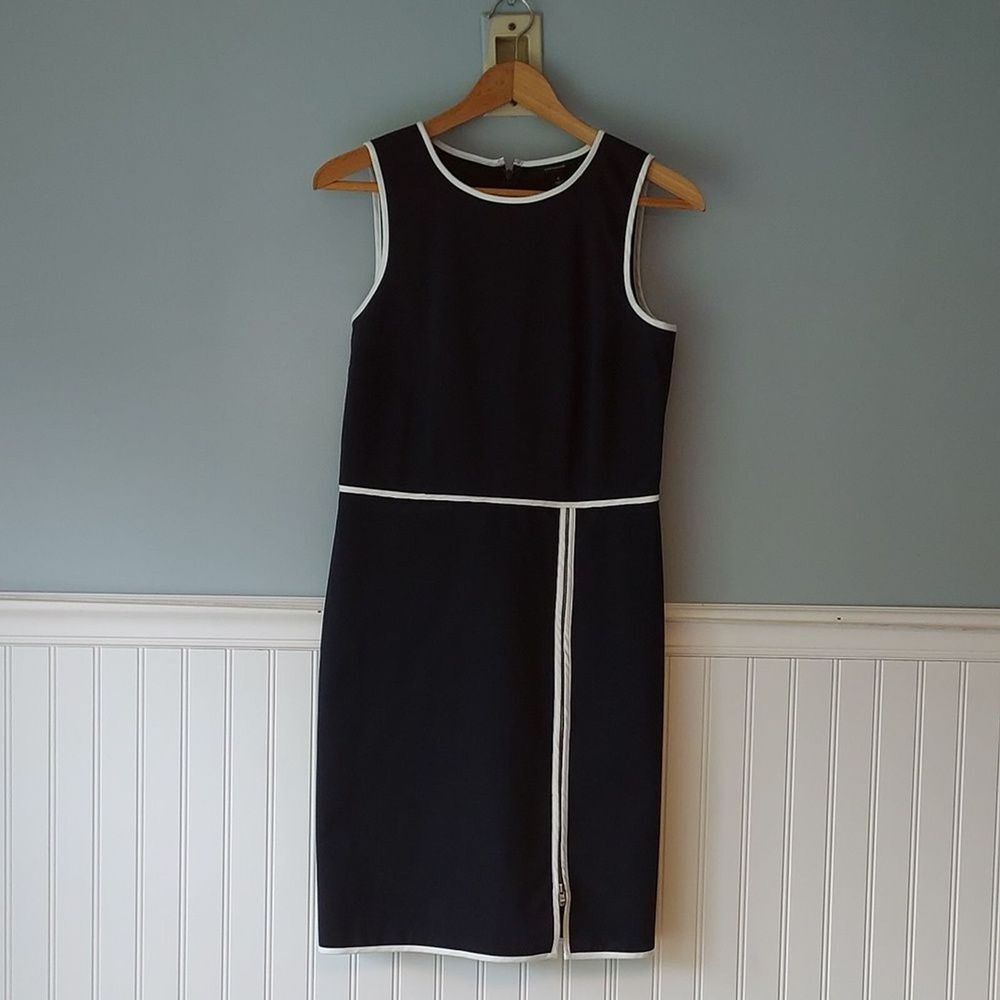 Ann Taylor  Sleeveless Sheath Dress Navy Blue White‎ Trim Zip Slit 4 - Picture 2 of 9
